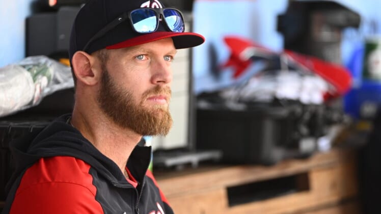 May 28, 2022; Washington, District of Columbia, USA; Washington Nationals pitcher   Stephen Strasburg in the dugout against the Colorado Rockies during the second inning at Nationals Park. Mandatory Credit: Brad Mills-USA TODAY Sports