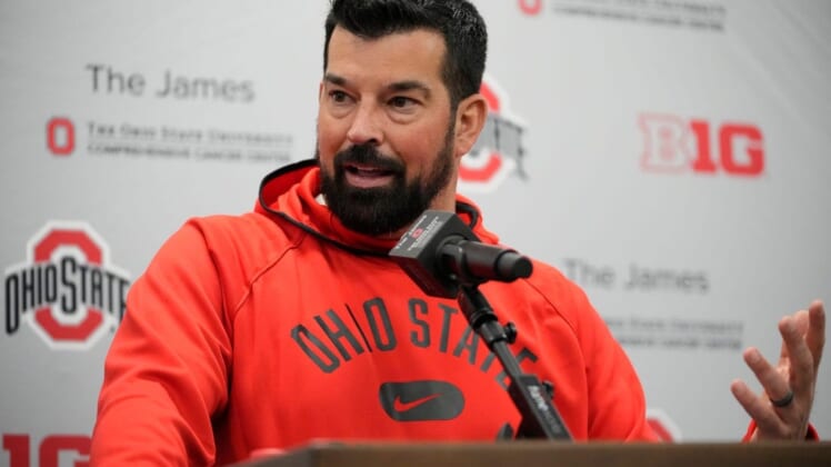 Ohio State Buckeyes head coach Ryan Day speaks to media following a spring football practice at the Woody Hayes Athletics Center in Columbus on March 22, 2022.Ncaa Football Ohio State Spring Practice
