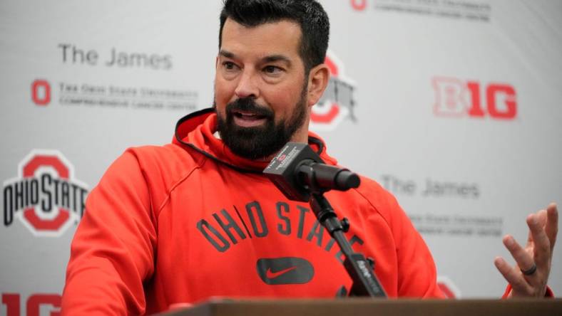 Ohio State Buckeyes head coach Ryan Day speaks to media following a spring football practice at the Woody Hayes Athletics Center in Columbus on March 22, 2022.

Ncaa Football Ohio State Spring Practice