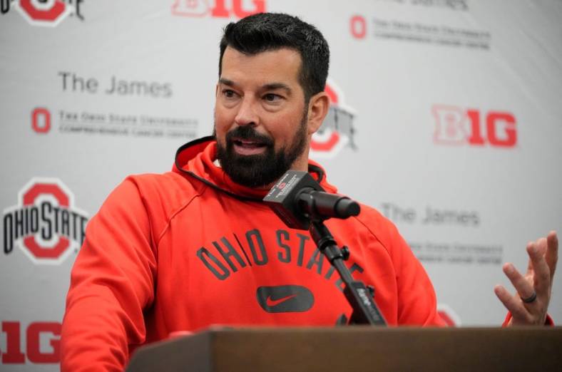 Ohio State Buckeyes head coach Ryan Day speaks to media following a spring football practice at the Woody Hayes Athletics Center in Columbus on March 22, 2022.

Ncaa Football Ohio State Spring Practice