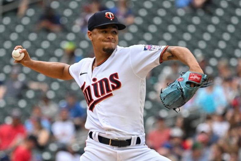May 28, 2022; Minneapolis, Minnesota, USA;  Minnesota Twins starting pitcher Chris Archer (17) delivers a pitch against the Kansas City Royals during the first inning at Target Field. Mandatory Credit: Nick Wosika-USA TODAY Sports