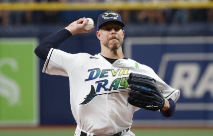 May 28, 2022; St. Petersburg, Florida, USA;  Tampa Bay Rays starting pitcher Corey Kluber (28) throws a pitch during the first inning against the New York Yankees at Tropicana Field. Mandatory Credit: Reinhold Matay-USA TODAY Sports