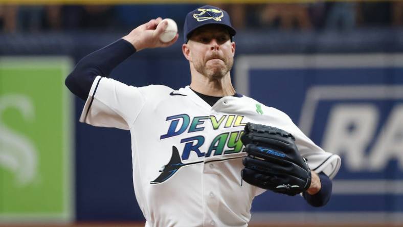 May 28, 2022; St. Petersburg, Florida, USA;  Tampa Bay Rays starting pitcher Corey Kluber (28) throws a pitch during the first inning against the New York Yankees at Tropicana Field. Mandatory Credit: Reinhold Matay-USA TODAY Sports