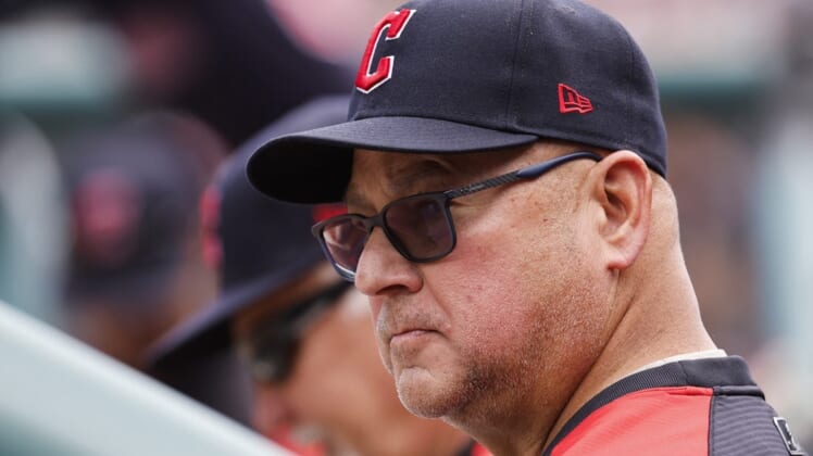 May 28, 2022; Detroit, Michigan, USA;  Cleveland Guardians manager Terry Francona (77) watches from the dugout in the first inning against the Detroit Tigers at Comerica Park. Mandatory Credit: Rick Osentoski-USA TODAY Sports