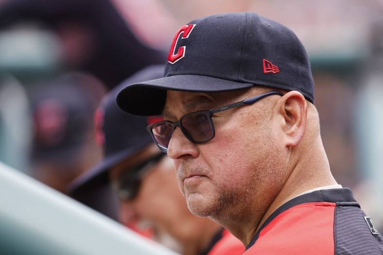 May 28, 2022; Detroit, Michigan, USA;  Cleveland Guardians manager Terry Francona (77) watches from the dugout in the first inning against the Detroit Tigers at Comerica Park. Mandatory Credit: Rick Osentoski-USA TODAY Sports