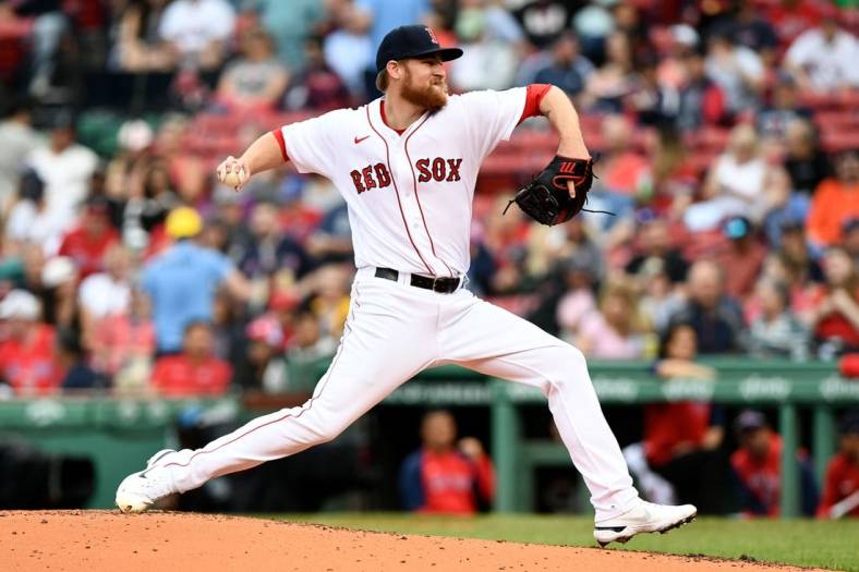 May 28, 2022; Boston, Massachusetts, USA; Boston Red Sox starting pitcher Josh Winckowski (73) pitches against the Baltimore Orioles during the first inning at Fenway Park. Mandatory Credit: Brian Fluharty-USA TODAY Sports