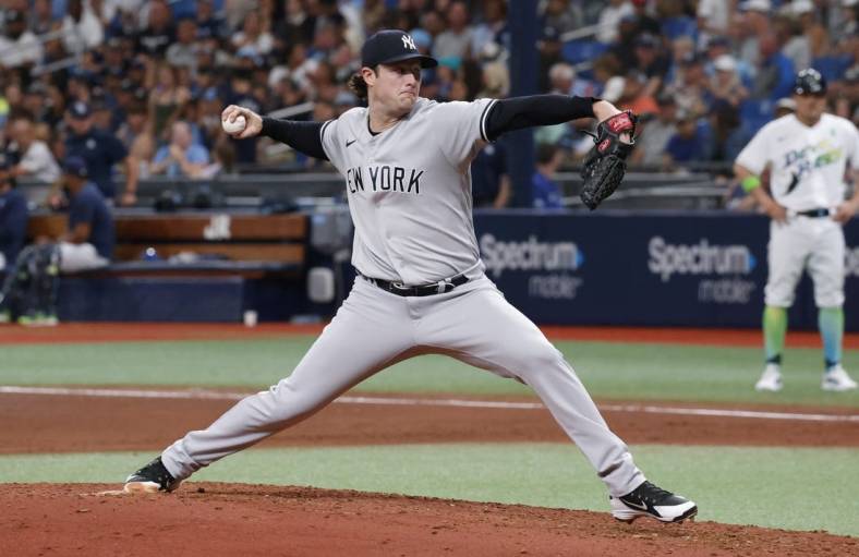 May 28, 2022; St. Petersburg, Florida, USA;  New York Yankees starting pitcher Gerrit Cole (45) throws a pitch during the sixth inning against the Tampa Bay Rays at Tropicana Field. Mandatory Credit: Reinhold Matay-USA TODAY Sports