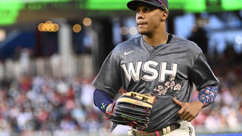 May 28, 2022; Washington, District of Columbia, USA; Washington Nationals right fielder Juan Soto (22) on the field against the Colorado Rockies during the sixth inning at Nationals Park. Mandatory Credit: Brad Mills-USA TODAY Sports