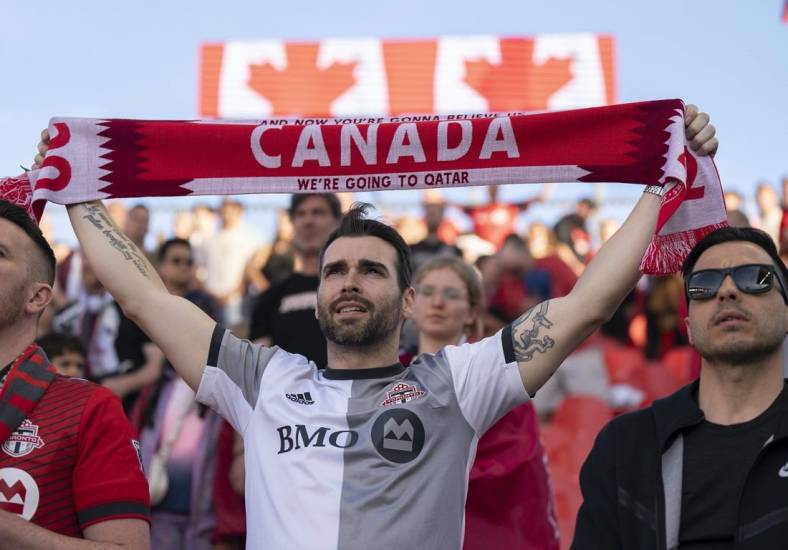 May 28, 2022; Toronto, Ontario, CAN; Toronto FC fans show their support during the national anthem before a match against the Chicago Fire at BMO Field. Mandatory Credit: Nick Turchiaro-USA TODAY Sports
