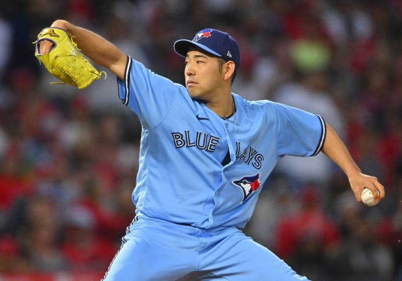 May 28, 2022; Anaheim, California, USA;  Toronto Blue Jays starting pitcher Yusei Kikuchi (16) throws in the second inning of the game against the Los Angeles Angels at Angel Stadium. Mandatory Credit: Jayne Kamin-Oncea-USA TODAY Sports