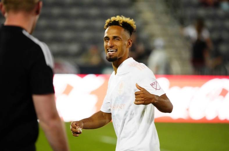 May 28, 2022; Commerce City, Colorado, USA; Nashville SC midfielder Hany Mukhtar (10) reacts following the win over the Colorado Rapids at Dick's Sporting Goods Park. Mandatory Credit: Ron Chenoy-USA TODAY Sports