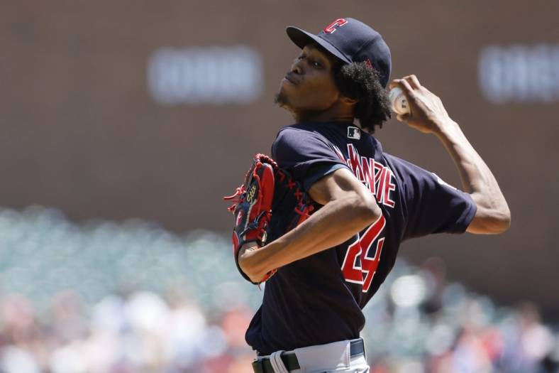 May 29, 2022; Detroit, Michigan, USA; Cleveland Guardians starting pitcher Triston McKenzie (24) pitches in the first inning against the Detroit Tigers at Comerica Park. Mandatory Credit: Rick Osentoski-USA TODAY Sports