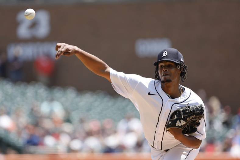 May 29, 2022; Detroit, Michigan, USA; Detroit Tigers starting pitcher Elvin Rodriguez (45) pitches in the first inning against the Cleveland Guardians at Comerica Park. Mandatory Credit: Rick Osentoski-USA TODAY Sports
