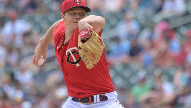 May 29, 2022; Minneapolis, Minnesota, USA; Minnesota Twins starting pitcher Sonny Gray (54) throws a pitch against the Kansas City Royals during the first inning at Target Field. Mandatory Credit: Jeffrey Becker-USA TODAY Sports