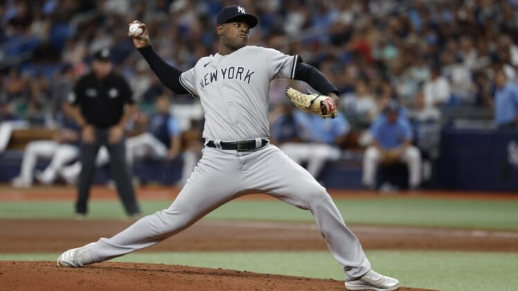 May 29, 2022; St. Petersburg, Florida, USA; New York Yankees starting pitcher Luis Severino (40) throws a pitch during the third inning against the Tampa Bay Rays at Tropicana Field. Mandatory Credit: Kim Klement-USA TODAY Sports