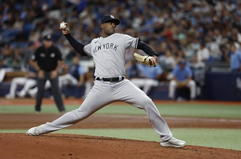 May 29, 2022; St. Petersburg, Florida, USA; New York Yankees starting pitcher Luis Severino (40) throws a pitch during the third inning against the Tampa Bay Rays at Tropicana Field. Mandatory Credit: Kim Klement-USA TODAY Sports