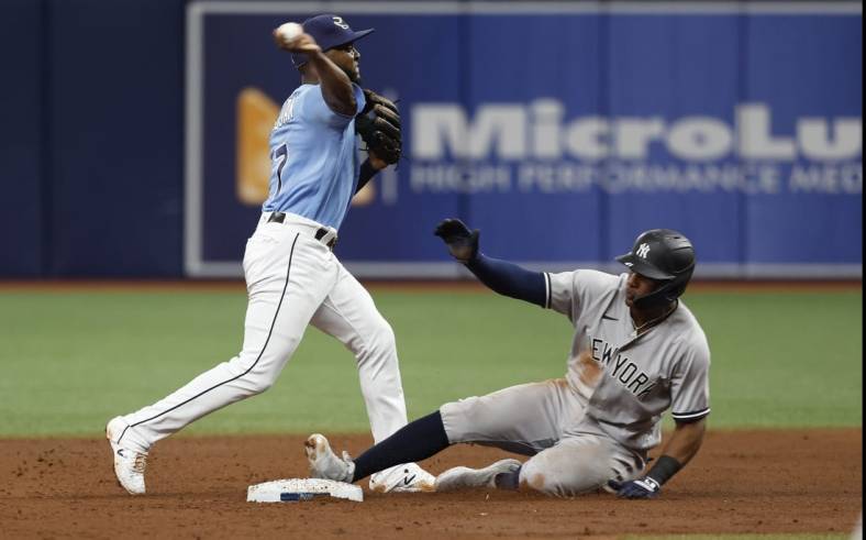 May 29, 2022; St. Petersburg, Florida, USA; Tampa Bay Rays second baseman Vidal Brujan (7) forces out New York Yankees left fielder Miguel Andujar (41) and throws the ball to first base for a double play during the sixth inning at Tropicana Field. Mandatory Credit: Kim Klement-USA TODAY Sports
