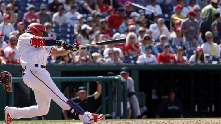 May 29, 2022; Washington, District of Columbia, USA; Washington Nationals left fielder Juan Soto (22) hits a double off the right field wall against the Colorado Rockies during the sixth inning at Nationals Park. Mandatory Credit: Geoff Burke-USA TODAY Sports