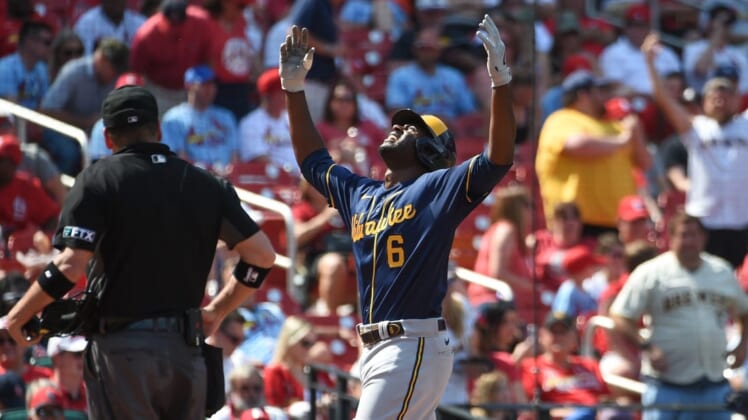 May 29, 2022; St. Louis, Missouri, USA; Milwaukee Brewers center fielder Lorenzo Cain (6) reacts after hitting a two run home run against the St. Louis Cardinals during the eighth inning at Busch Stadium. Mandatory Credit: Joe Puetz-USA TODAY Sports