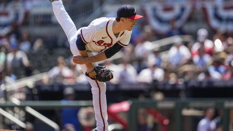 May 29, 2022; Cumberland, Georgia, USA; Atlanta Braves starting pitcher Max Fried (54) pitches against the Miami Marlins during the sixth inning at Truist Park. Mandatory Credit: Dale Zanine-USA TODAY Sports