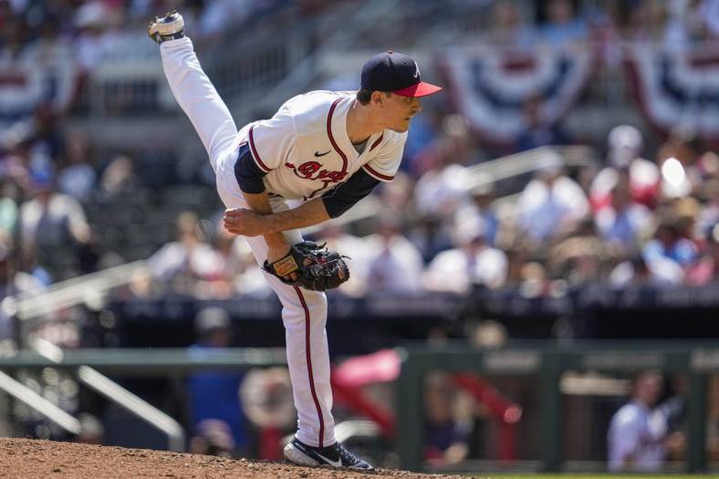 May 29, 2022; Cumberland, Georgia, USA; Atlanta Braves starting pitcher Max Fried (54) pitches against the Miami Marlins during the sixth inning at Truist Park. Mandatory Credit: Dale Zanine-USA TODAY Sports