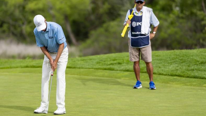 May 29, 2022; Benton Harbor, Michigan, USA; Steven Alker makes his birdie putt on the sixteenth hole during the final round of the 2022 KitchenAid Senior PGA Championship at Harbor Shores. Mandatory Credit: Raj Mehta-USA TODAY Sports