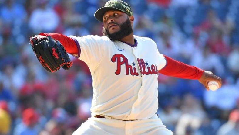 May 22, 2022; Philadelphia, Pennsylvania, USA; Philadelphia Phillies relief pitcher Jose Alvarado (46) throws a pitch against the Los Angeles Dodgers at Citizens Bank Park. Mandatory Credit: Eric Hartline-USA TODAY Sports