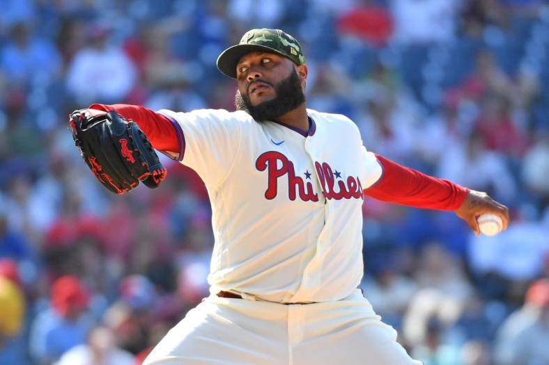 May 22, 2022; Philadelphia, Pennsylvania, USA; Philadelphia Phillies relief pitcher Jose Alvarado (46) throws a pitch against the Los Angeles Dodgers at Citizens Bank Park. Mandatory Credit: Eric Hartline-USA TODAY Sports