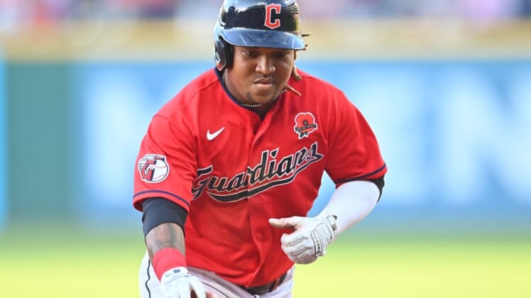 May 30, 2022; Cleveland, Ohio, USA; Cleveland Guardians third baseman Jose Ramirez (11) rounds the bases after hitting a home run during the fifth inning against the Kansas City Royals at Progressive Field. Mandatory Credit: Ken Blaze-USA TODAY Sports