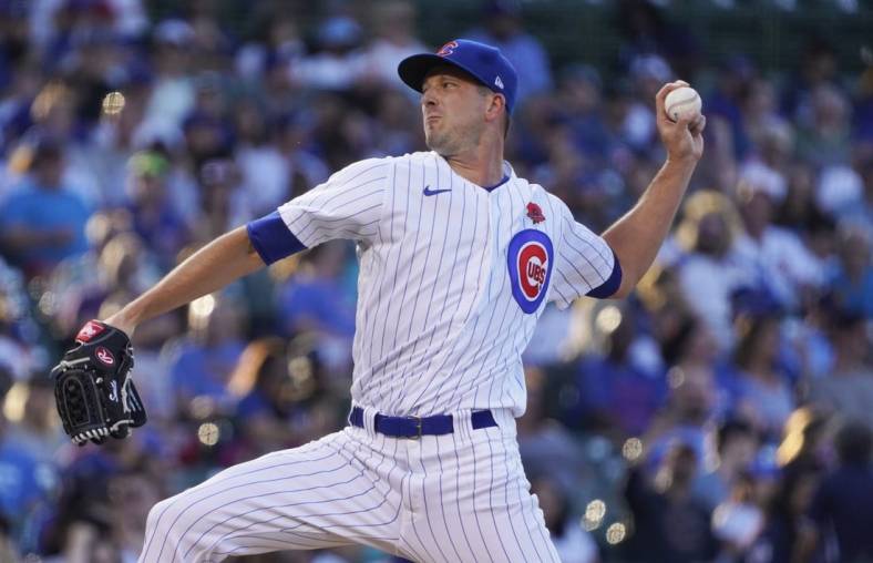 May 30, 2022; Chicago, Illinois, USA; Chicago Cubs starting pitcher Drew Smyly (11) throws a pitch against the Milwaukee Brewers during the first inning at Wrigley Field. Mandatory Credit: David Banks-USA TODAY Sports