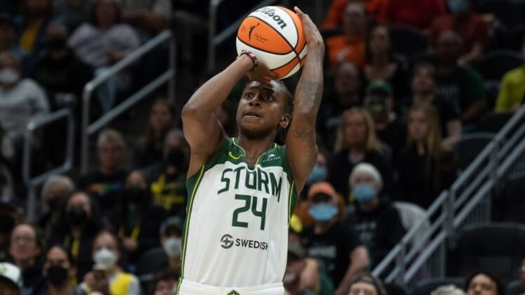 May 29, 2022; Seattle, Washington, USA; Seattle Storm guard Jewell Loyd (24) shoots the ball against the New York Liberty at Climate Pledge Arena. Mandatory Credit: Stephen Brashear-USA TODAY Sports