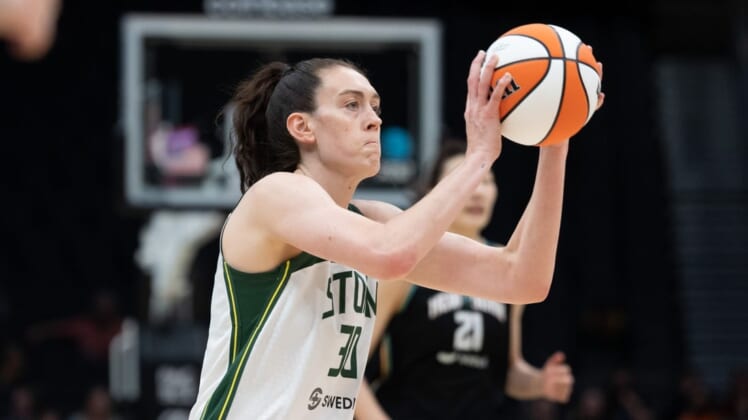 May 29, 2022; Seattle, Washington, USA; Seattle Storm forward Breanna Stewart (30) shoots the ball against the New York Liberty at Climate Pledge Arena. Mandatory Credit: Stephen Brashear-USA TODAY Sports