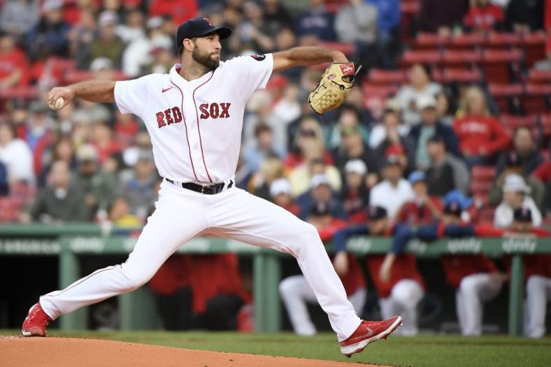 May 31, 2022; Boston, Massachusetts, USA;  Boston Red Sox starting pitcher Michael Wacha (52) pitches during the first inning against the Cincinnati Reds at Fenway Park. Mandatory Credit: Bob DeChiara-USA TODAY Sports