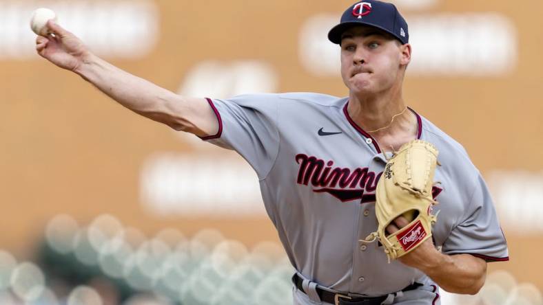 May 31, 2022; Detroit, Michigan, USA; Minnesota Twins starting pitcher Cole Sands (77) pitches during the first inning against the Detroit Tigers at Comerica Park. Mandatory Credit: Raj Mehta-USA TODAY Sports