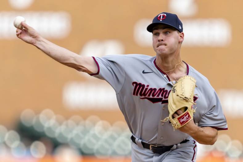 May 31, 2022; Detroit, Michigan, USA; Minnesota Twins starting pitcher Cole Sands (77) pitches during the first inning against the Detroit Tigers at Comerica Park. Mandatory Credit: Raj Mehta-USA TODAY Sports