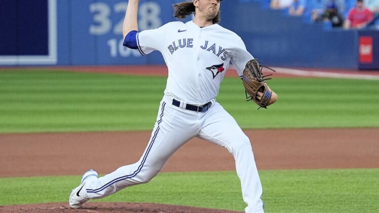 May 31, 2022; Toronto, Ontario, CAN; Toronto Blue Jays starting pitcher Kevin Gausman (34) pitches to the Chicago White Sox during the first inning at Rogers Centre. Mandatory Credit: John E. Sokolowski-USA TODAY Sports