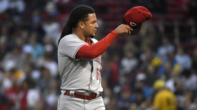 May 31, 2022; Boston, Massachusetts, USA;  Cincinnati Reds starting pitcher Luis Castillo (58) walks off the mound after pitching during the third inning against the Boston Red Sox at Fenway Park. Mandatory Credit: Bob DeChiara-USA TODAY Sports