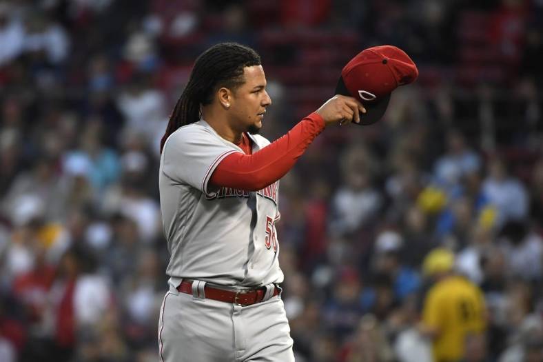 May 31, 2022; Boston, Massachusetts, USA;  Cincinnati Reds starting pitcher Luis Castillo (58) walks off the mound after pitching during the third inning against the Boston Red Sox at Fenway Park. Mandatory Credit: Bob DeChiara-USA TODAY Sports