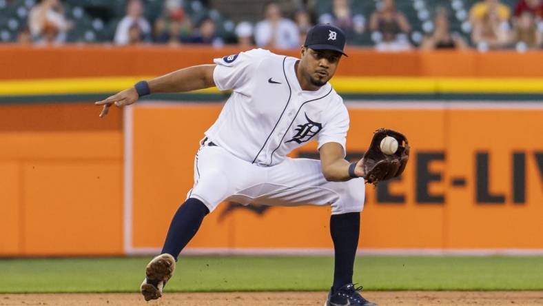 May 31, 2022; Detroit, Michigan, USA; Detroit Tigers third baseman Jeimer Candelario (46) fields a ground ball from Minnesota Twins shortstop Jermaine Palacios (not pictured) during the fifth inning at Comerica Park. Mandatory Credit: Raj Mehta-USA TODAY Sports