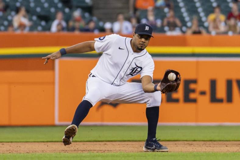 May 31, 2022; Detroit, Michigan, USA; Detroit Tigers third baseman Jeimer Candelario (46) fields a ground ball from Minnesota Twins shortstop Jermaine Palacios (not pictured) during the fifth inning at Comerica Park. Mandatory Credit: Raj Mehta-USA TODAY Sports