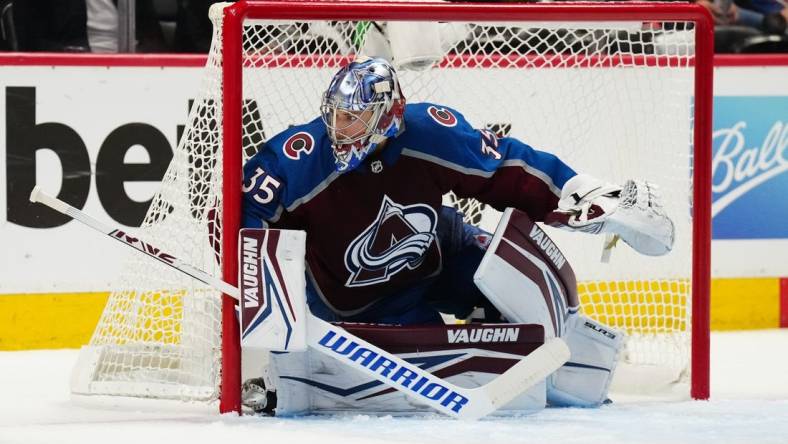 May 31, 2022; Denver, Colorado, USA; Colorado Avalanche goaltender Darcy Kuemper (35) defends the net against the Edmonton Oilers in the first period in game one of the Western Conference Final of the 2022 Stanley Cup Playoffs at Ball Arena. Mandatory Credit: Ron Chenoy-USA TODAY Sports