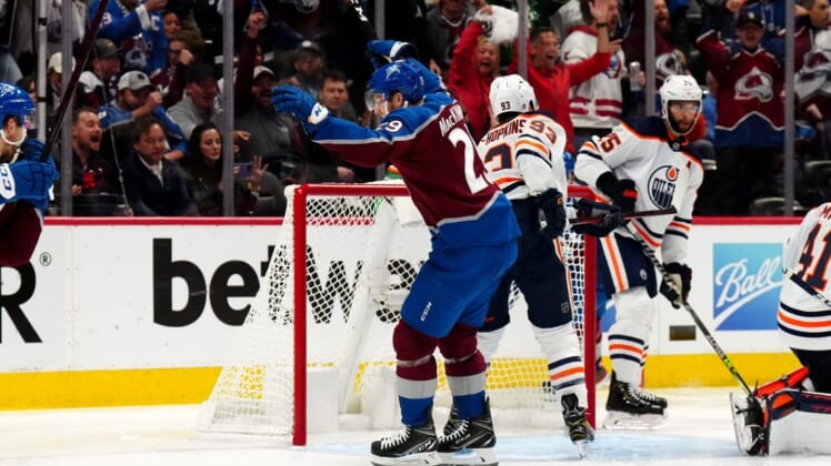 May 31, 2022; Denver, Colorado, USA; Colorado Avalanche center Nathan MacKinnon (29) celebrates a goal in the second period against the Edmonton Oilers in game one of the Western Conference Final of the 2022 Stanley Cup Playoffs at Ball Arena. Mandatory Credit: Ron Chenoy-USA TODAY Sports