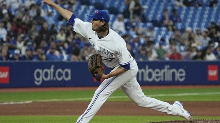 May 31, 2022; Toronto, Ontario, CAN; Toronto Blue Jays starting pitcher Kevin Gausman (34) pitches to the Chicago White Sox during the fifth inning at Rogers Centre. Mandatory Credit: John E. Sokolowski-USA TODAY Sports