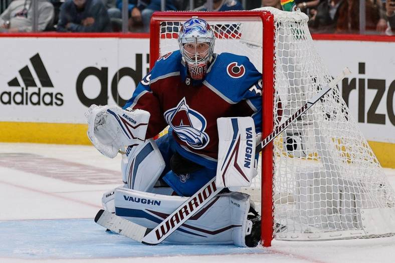 May 31, 2022; Denver, Colorado, USA; Colorado Avalanche goaltender Pavel Francouz (39) looks on in the third period against the Edmonton Oilers in game one of the Western Conference Final of the 2022 Stanley Cup Playoffs at Ball Arena. Mandatory Credit: Isaiah J. Downing-USA TODAY Sports