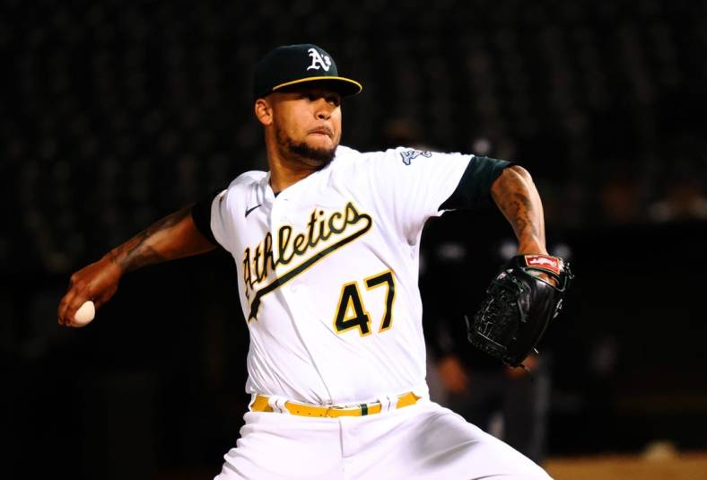 May 31, 2022; Oakland, California, USA; Oakland Athletics starting pitcher Frankie Montas (47) pitches against the Houston Astros during the seventh inning at RingCentral Coliseum. Mandatory Credit: Kelley L Cox-USA TODAY Sports