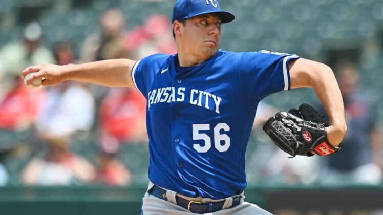 Jun 1, 2022; Cleveland, Ohio, USA; Kansas City Royals starting pitcher Brad Keller (56) throws a pitch during the first inning against the Cleveland Guardians at Progressive Field. Mandatory Credit: Ken Blaze-USA TODAY Sports