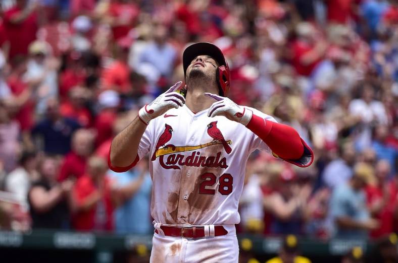 Jun 1, 2022; St. Louis, Missouri, USA;  St. Louis Cardinals third baseman Nolan Arenado (28) reacts after hitting a two run home run against the San Diego Padres during the sixth inning at Busch Stadium. Mandatory Credit: Jeff Curry-USA TODAY Sports