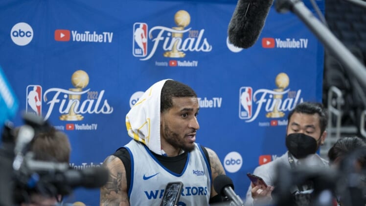 June 1, 2022; San Francisco, CA, USA; Golden State Warriors guard Gary Payton II (0) addresses the media during media day of the 2022 NBA Finals at Chase Center. Mandatory Credit: Kyle Terada-USA TODAY Sports