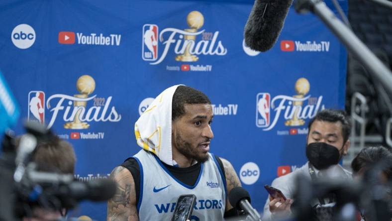 June 1, 2022; San Francisco, CA, USA; Golden State Warriors guard Gary Payton II (0) addresses the media during media day of the 2022 NBA Finals at Chase Center. Mandatory Credit: Kyle Terada-USA TODAY Sports