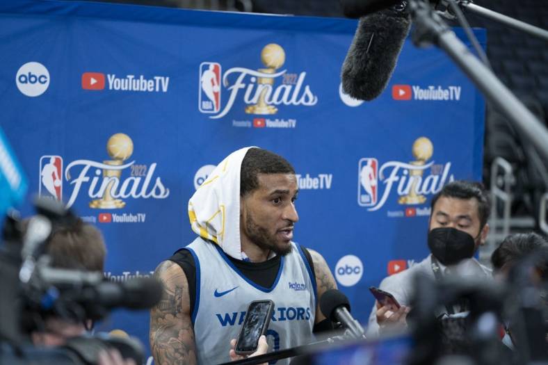 June 1, 2022; San Francisco, CA, USA; Golden State Warriors guard Gary Payton II (0) addresses the media during media day of the 2022 NBA Finals at Chase Center. Mandatory Credit: Kyle Terada-USA TODAY Sports